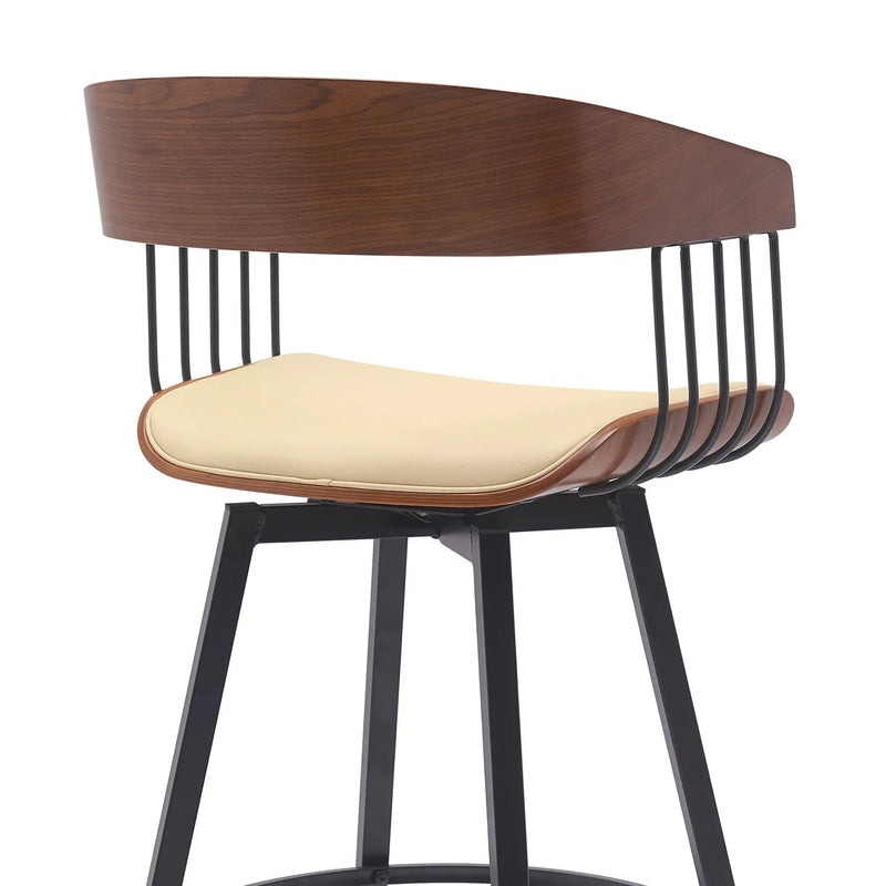 27" Cream and Black Faux Leather with Metal Swivel Counter Height Bar Chair Homeroots Living Room