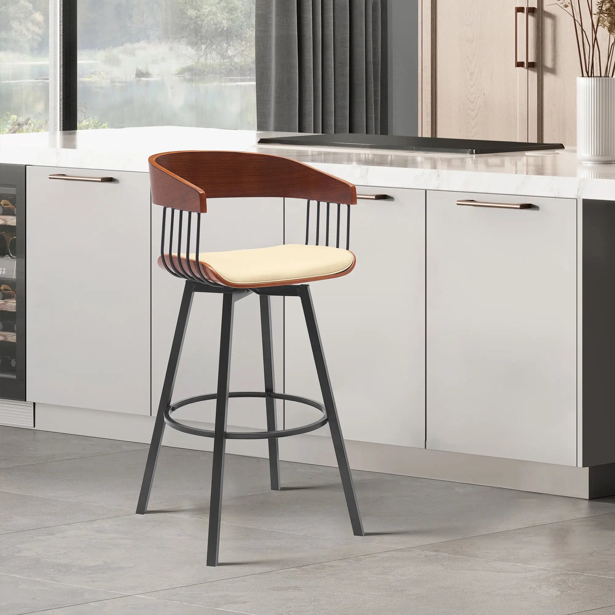 27" Cream and Black Faux Leather with Metal Swivel Counter Height Bar Chair Homeroots Living Room