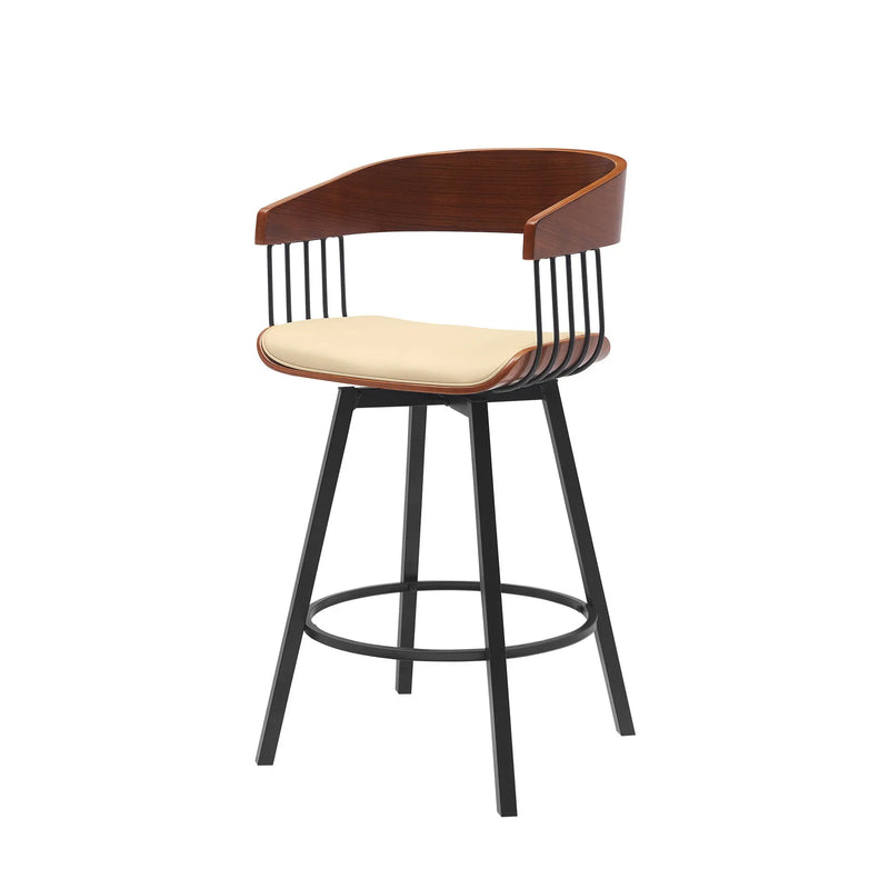 27" Cream and Black Faux Leather with Metal Swivel Counter Height Bar Chair Homeroots Living Room