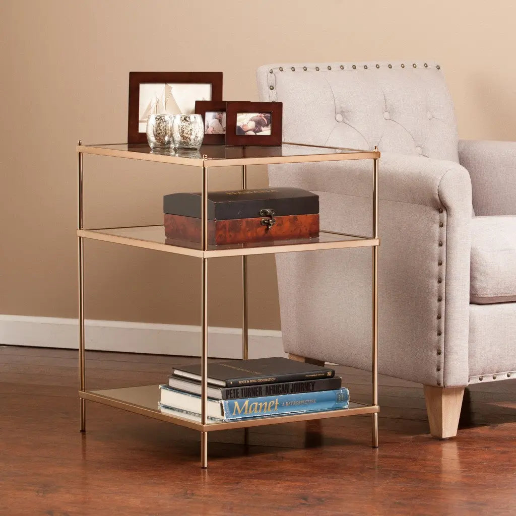 27" Gold And Clear Glass And Iron End Table With Mirrored Shelf Homeroots Living Room