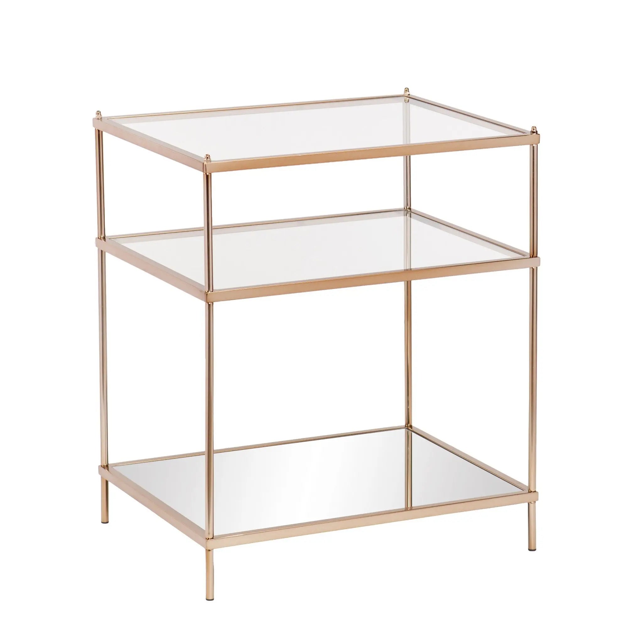 27" Gold And Clear Glass And Iron End Table With Mirrored Shelf Homeroots Living Room