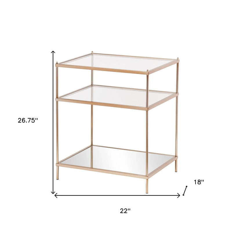 27" Gold And Clear Glass And Iron End Table With Mirrored Shelf Homeroots Living Room