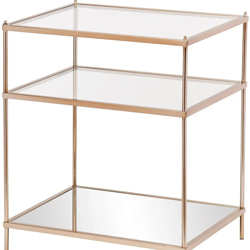 27" Gold And Clear Glass And Iron End Table With Mirrored Shelf Homeroots Living Room