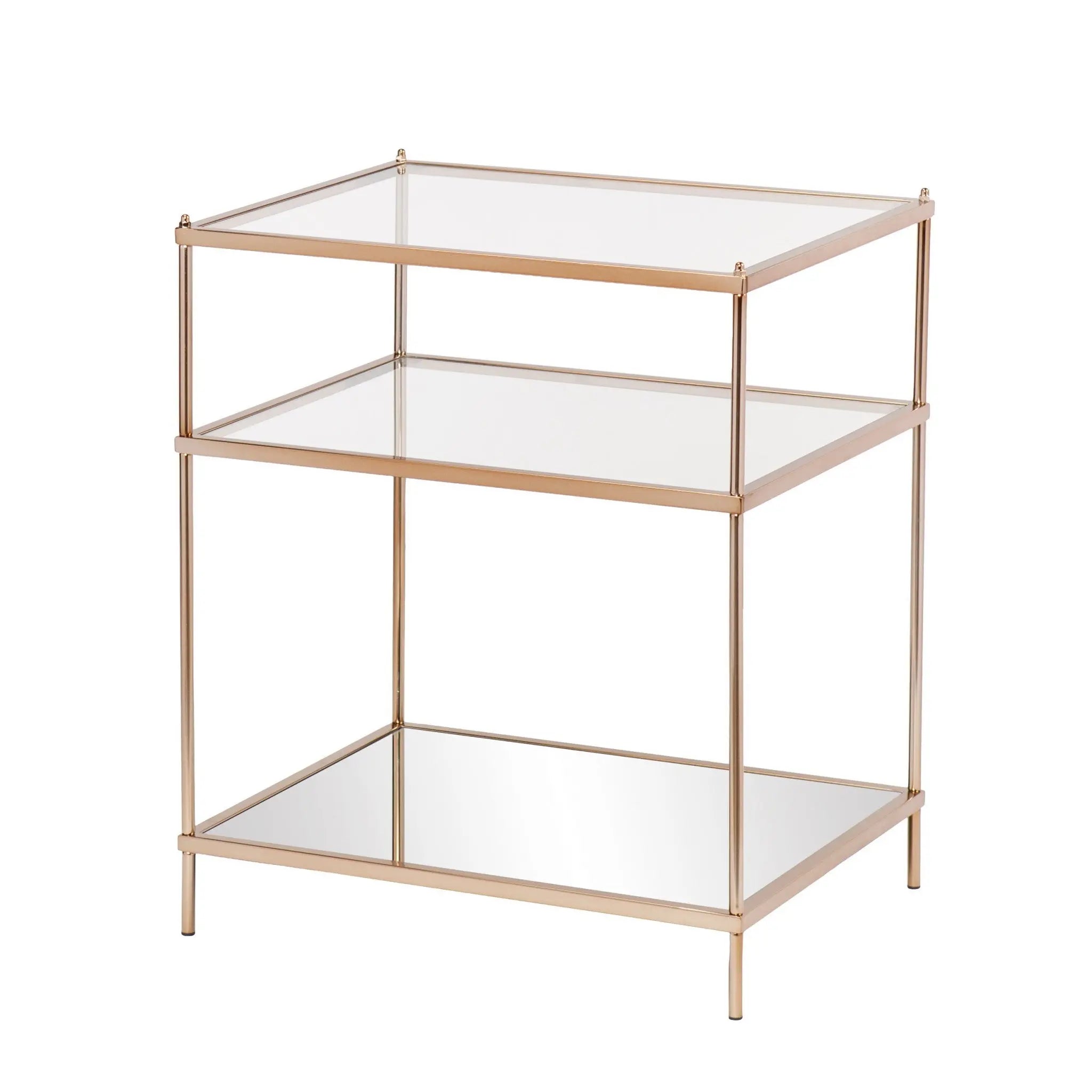 27" Gold And Clear Glass And Iron End Table With Mirrored Shelf Homeroots Living Room