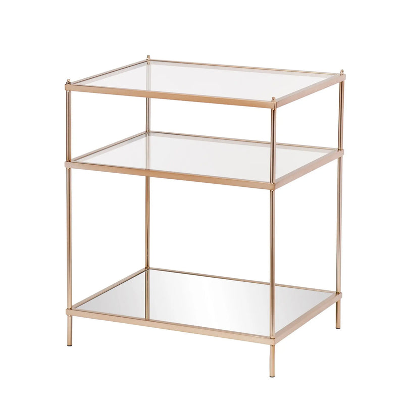 27" Gold And Clear Glass And Iron End Table With Mirrored Shelf Homeroots Living Room