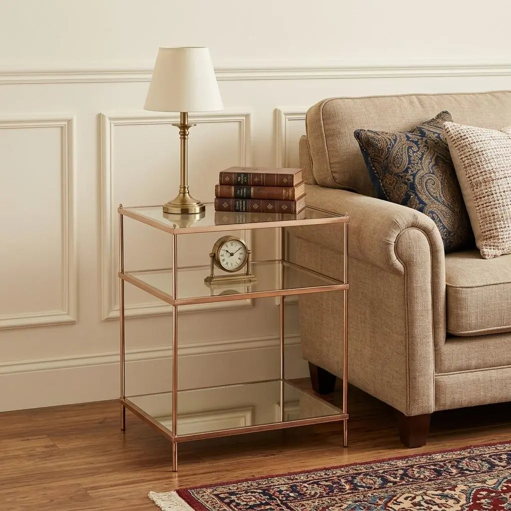 27" Gold And Clear Glass And Iron End Table With Mirrored Shelf Homeroots Living Room