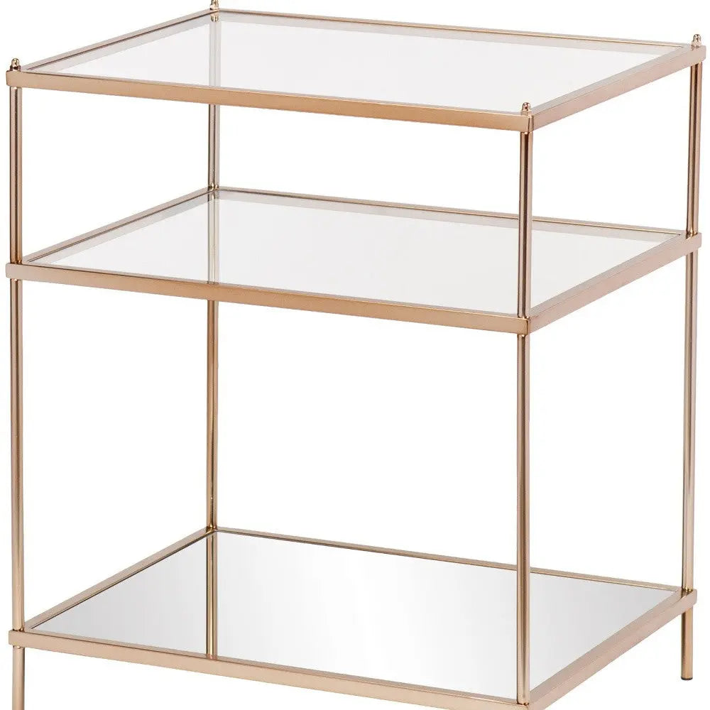 27" Gold And Clear Glass And Iron End Table With Mirrored Shelf Homeroots Living Room