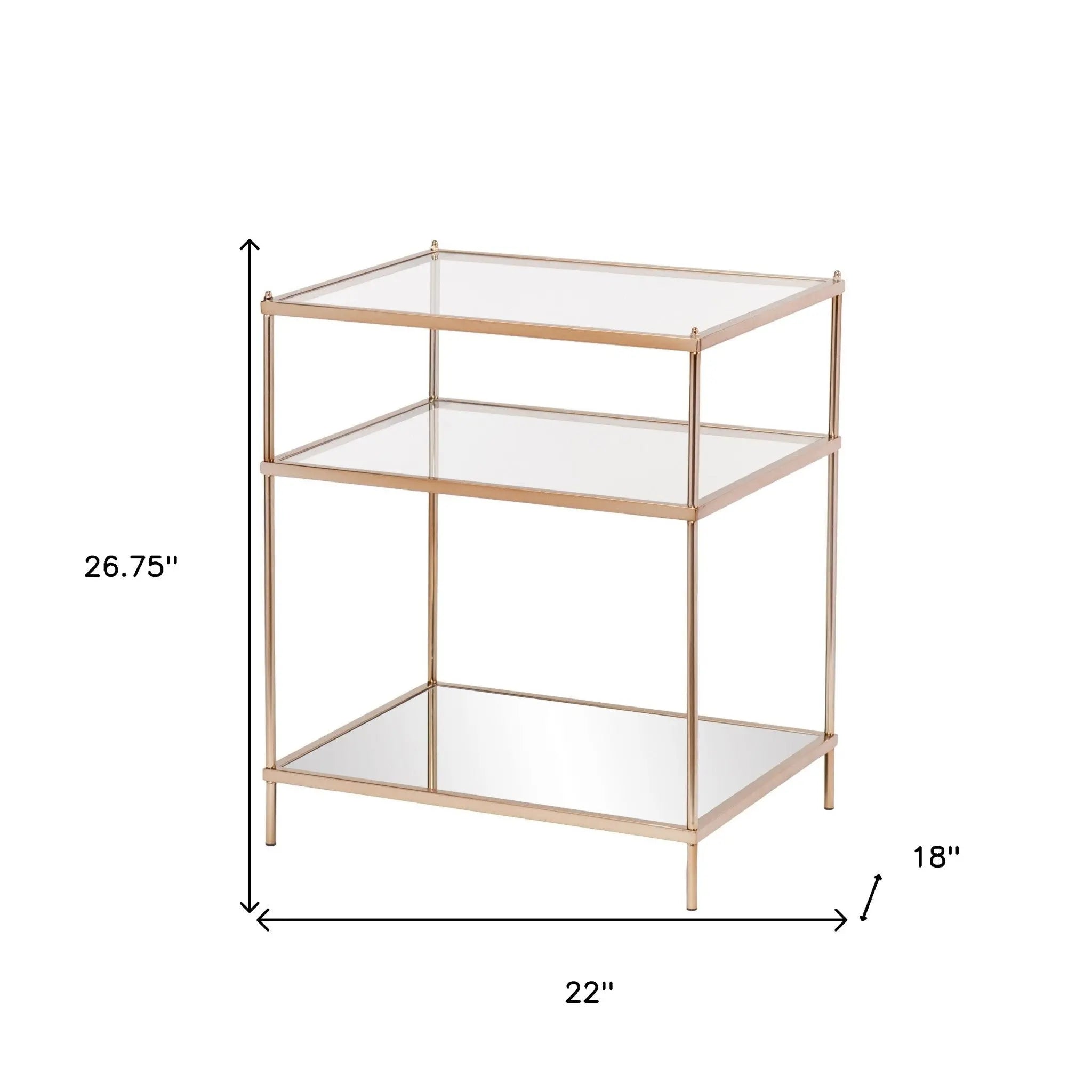 27" Gold And Clear Glass And Iron End Table With Mirrored Shelf Homeroots Living Room