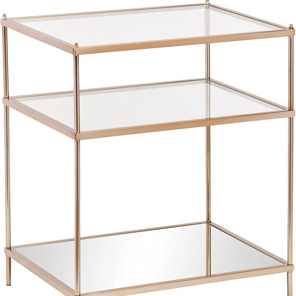 27" Gold And Clear Glass And Iron End Table With Mirrored Shelf Homeroots Living Room