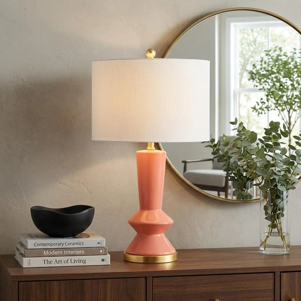 27" Gold Geometric Table Lamp LED With Drum Shade Homeroots Lighting