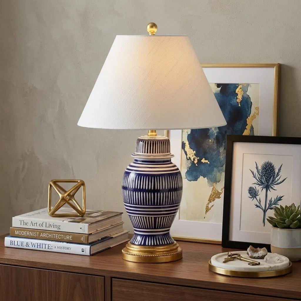 27" Navy Blue Gold And White Urn Table Lamp With Empire Shade Homeroots Lighting