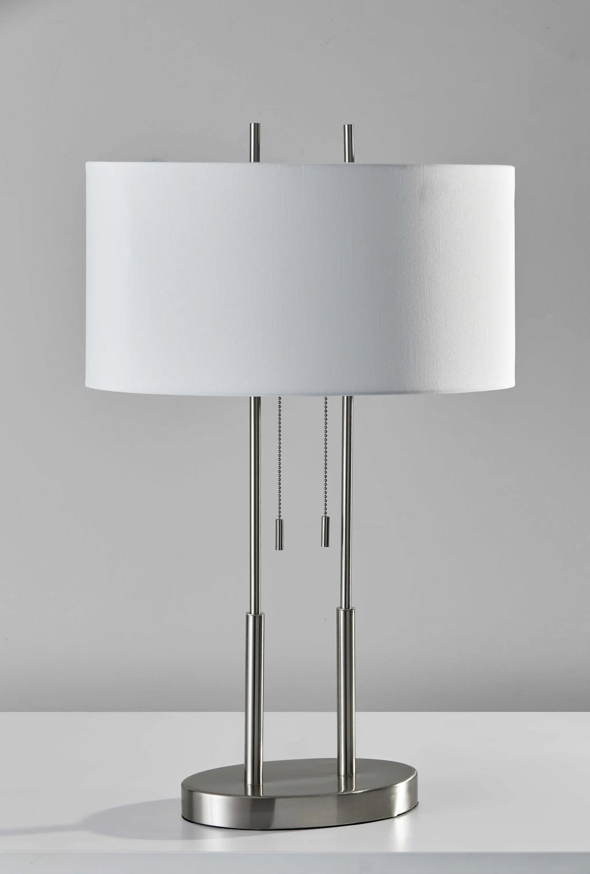 27" Silver Metal Two Light Bedside Lamp With Off White Drum Shade Homeroots Lighting