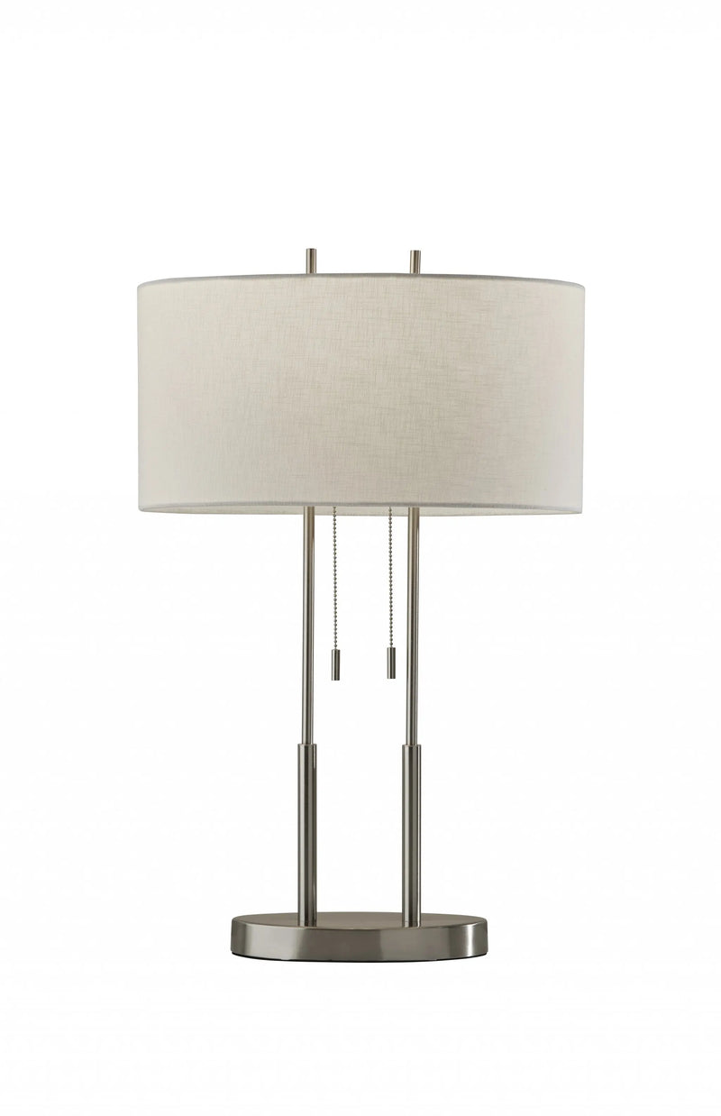 27" Silver Metal Two Light Bedside Lamp With Off White Drum Shade Homeroots Lighting