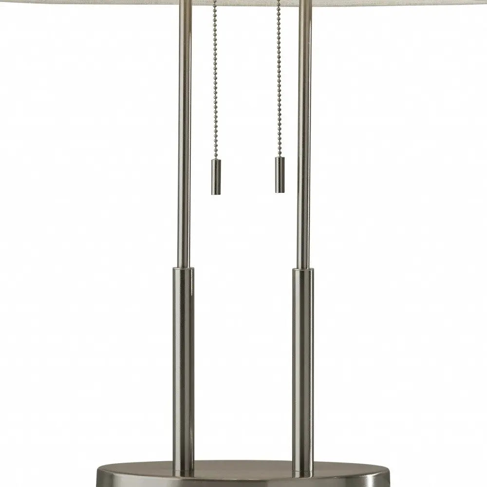 27" Silver Metal Two Light Bedside Lamp With Off White Drum Shade Homeroots Lighting