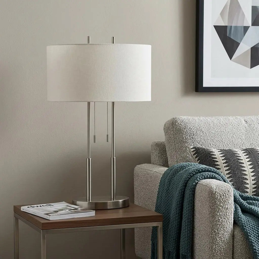 27" Silver Metal Two Light Bedside Lamp With Off White Drum Shade Homeroots Lighting
