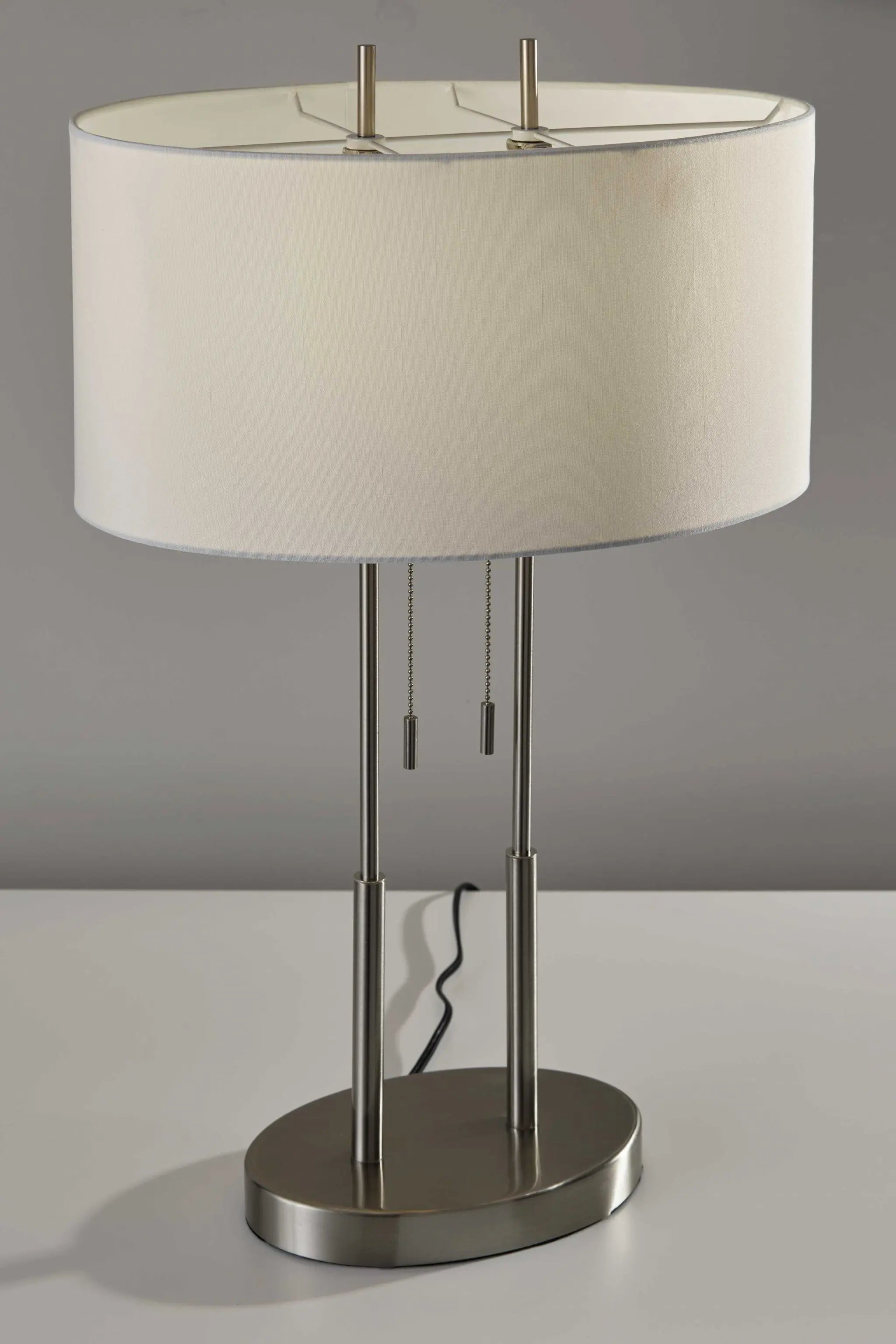 27" Silver Metal Two Light Bedside Lamp With Off White Drum Shade Homeroots Lighting