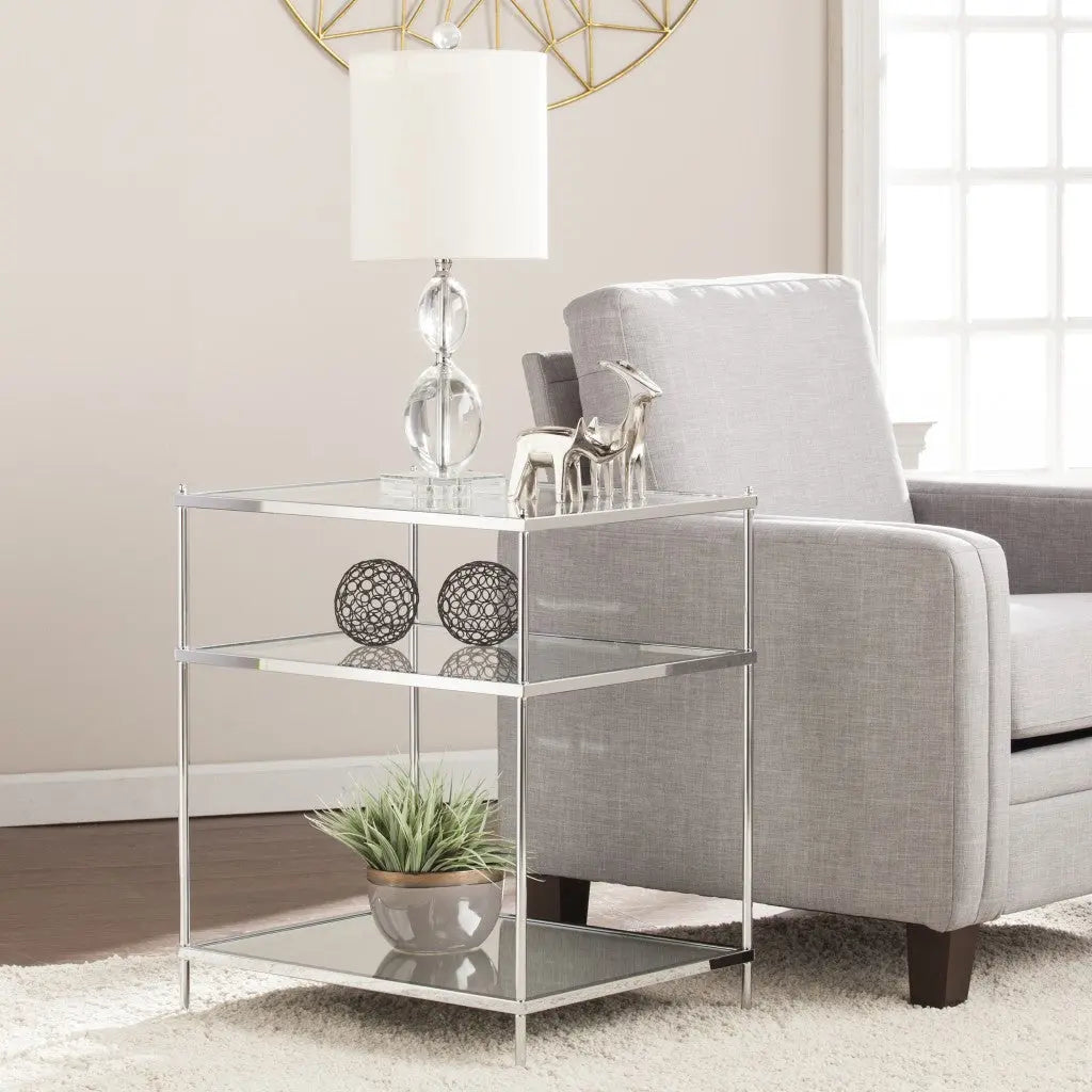 27" Silver Mirrored Glass And Iron End Table With Shelf Homeroots Living Room