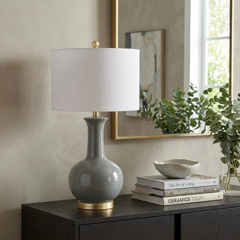27" Steel Blue And Gold Novelty Table Lamp With Drum Shade Homeroots Lighting