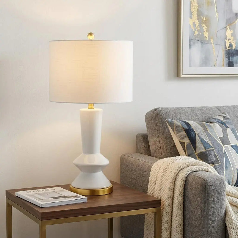 27" White And Gold Geometric Table Lamp With Drum Shade Homeroots Lighting