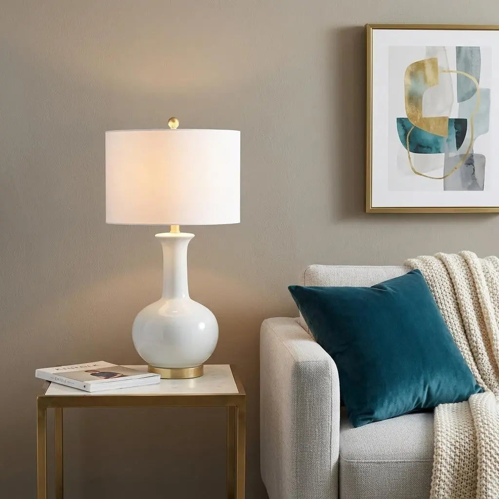 27" White And Gold Novelty Table Lamp With Drum Shade Homeroots Lighting
