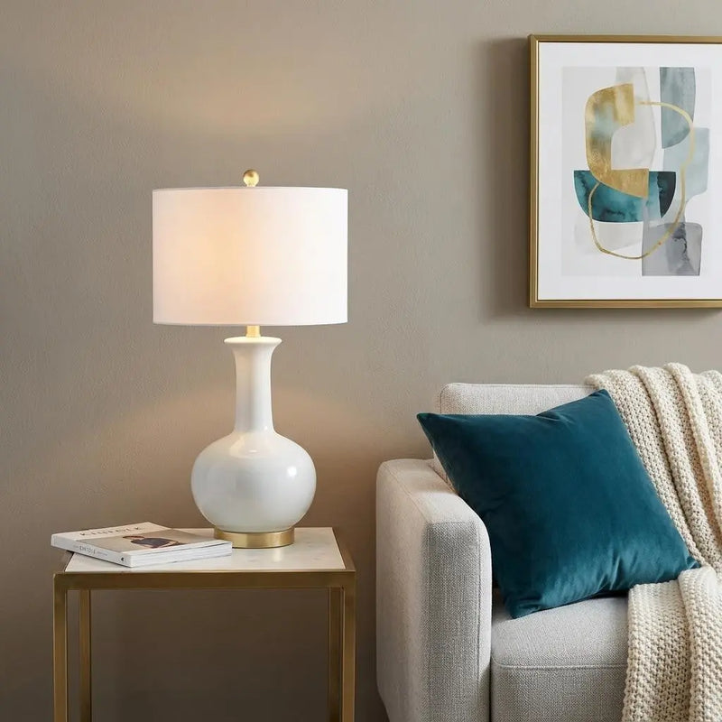 27" White And Gold Novelty Table Lamp With Drum Shade Homeroots Lighting