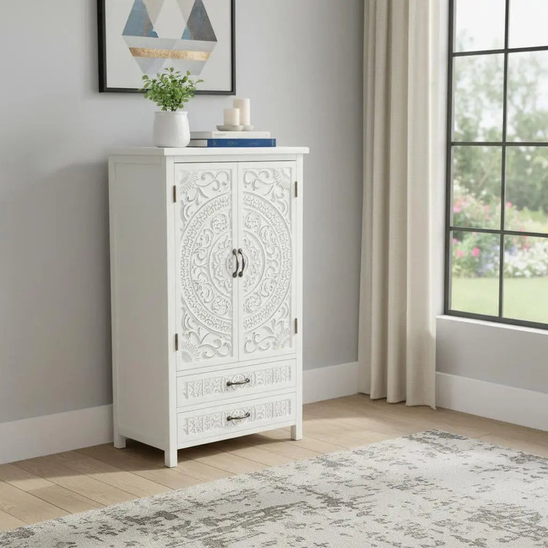 27" White Wood Accent Cabinet With Two Doors And Two Drawers Homeroots Kitchen & Dining