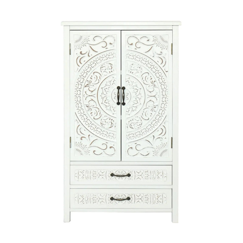 27" White Wood Accent Cabinet With Two Doors And Two Drawers Homeroots Kitchen & Dining