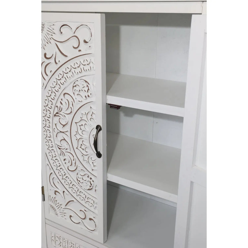 27" White Wood Accent Cabinet With Two Doors And Two Drawers Homeroots Kitchen & Dining