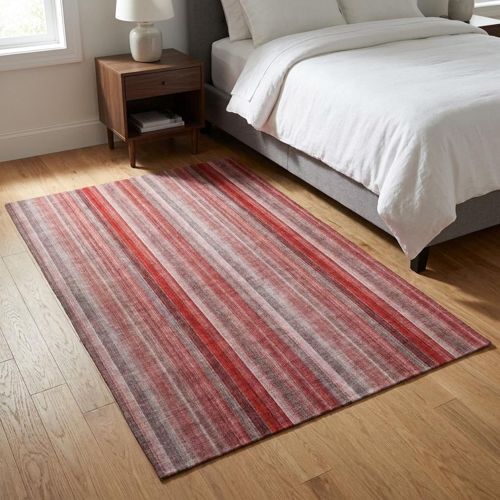 3' X 5' Red And Gray Striped Shag Washable Area Rug With UV Protection - Home & Garden