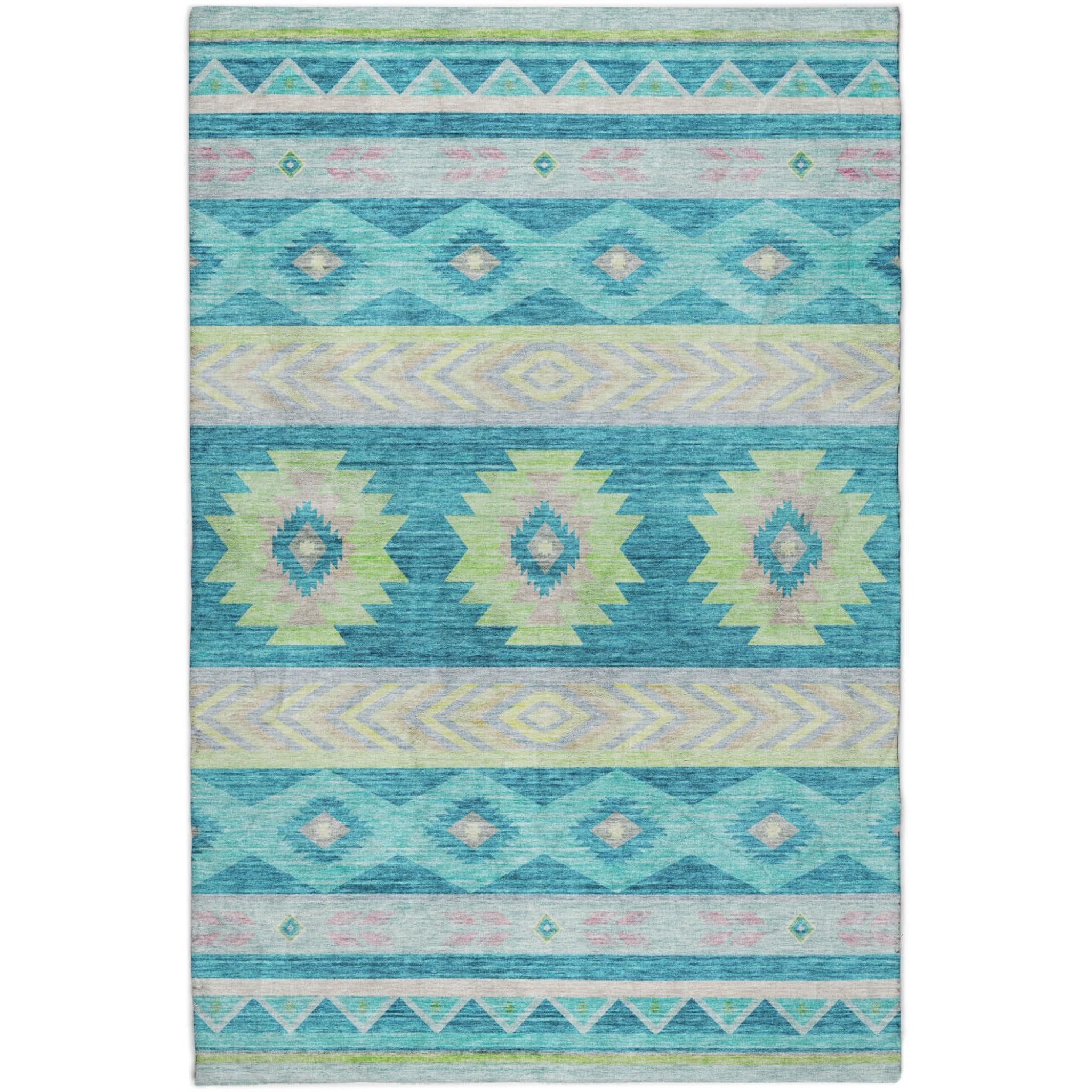 5' X 8' Teal And Lime Green Geometric Shag Washable Area Rug With UV Protection - Home & Garden