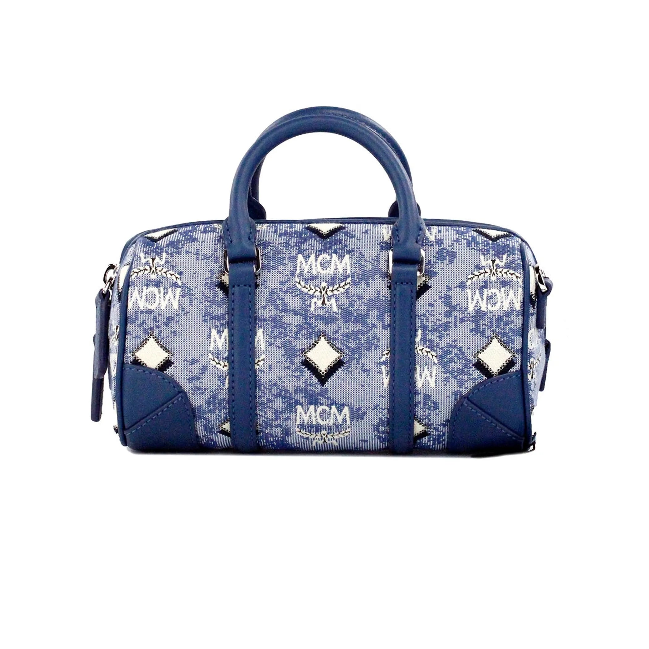MCM Boston Mini Blue Vintage Jacquard Satchel Crossbody Bag JV Deals
