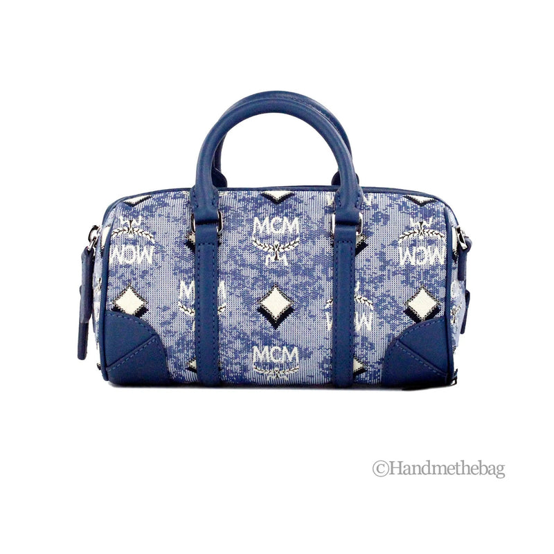 MCM Boston Mini Blue Vintage Jacquard Satchel Crossbody Bag JV Deals