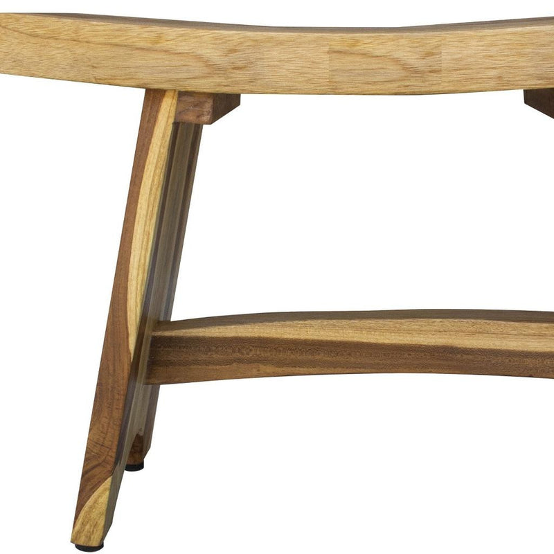 Natural teak outdoor bench side view with slatted seat and tapered legs