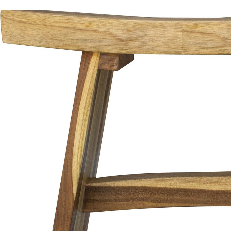 Teak outdoor bench end view with slatted top and sturdy leg frame