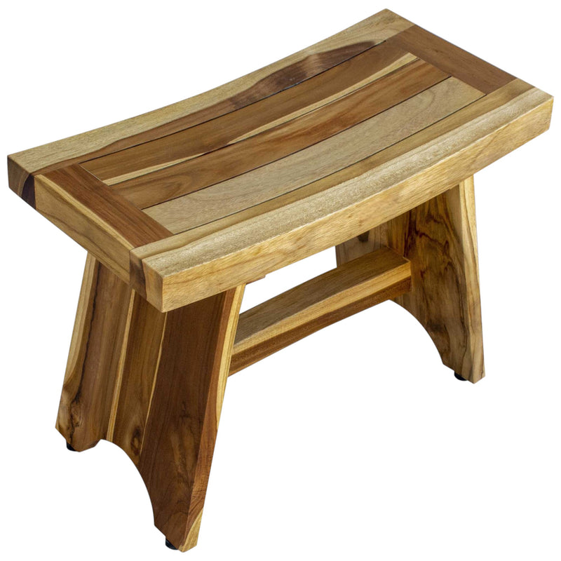 Teak outdoor bench with slatted top and wide side apron in natural finish