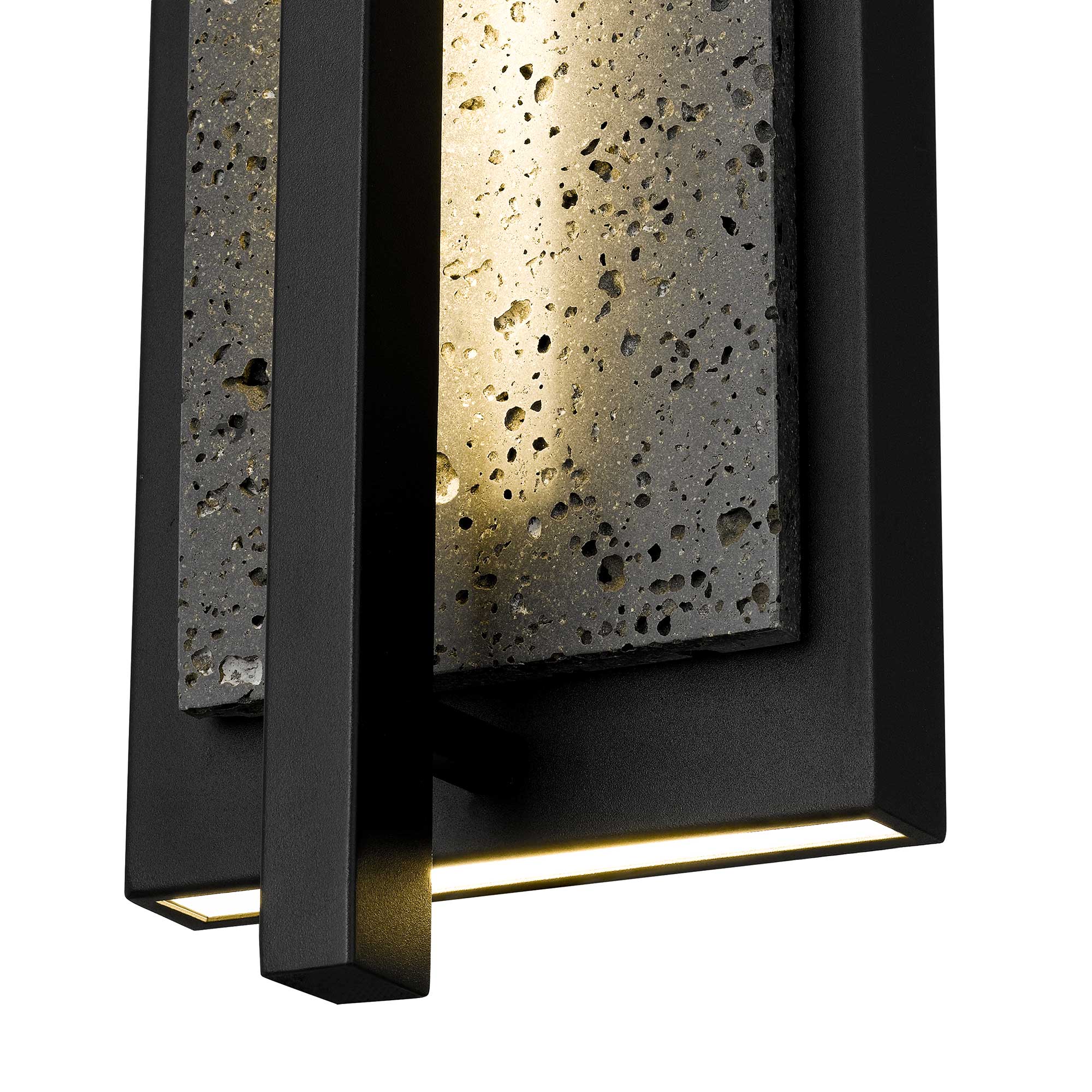 Close-up of black LED outdoor light with speckled glass diffuser and bottom light strip