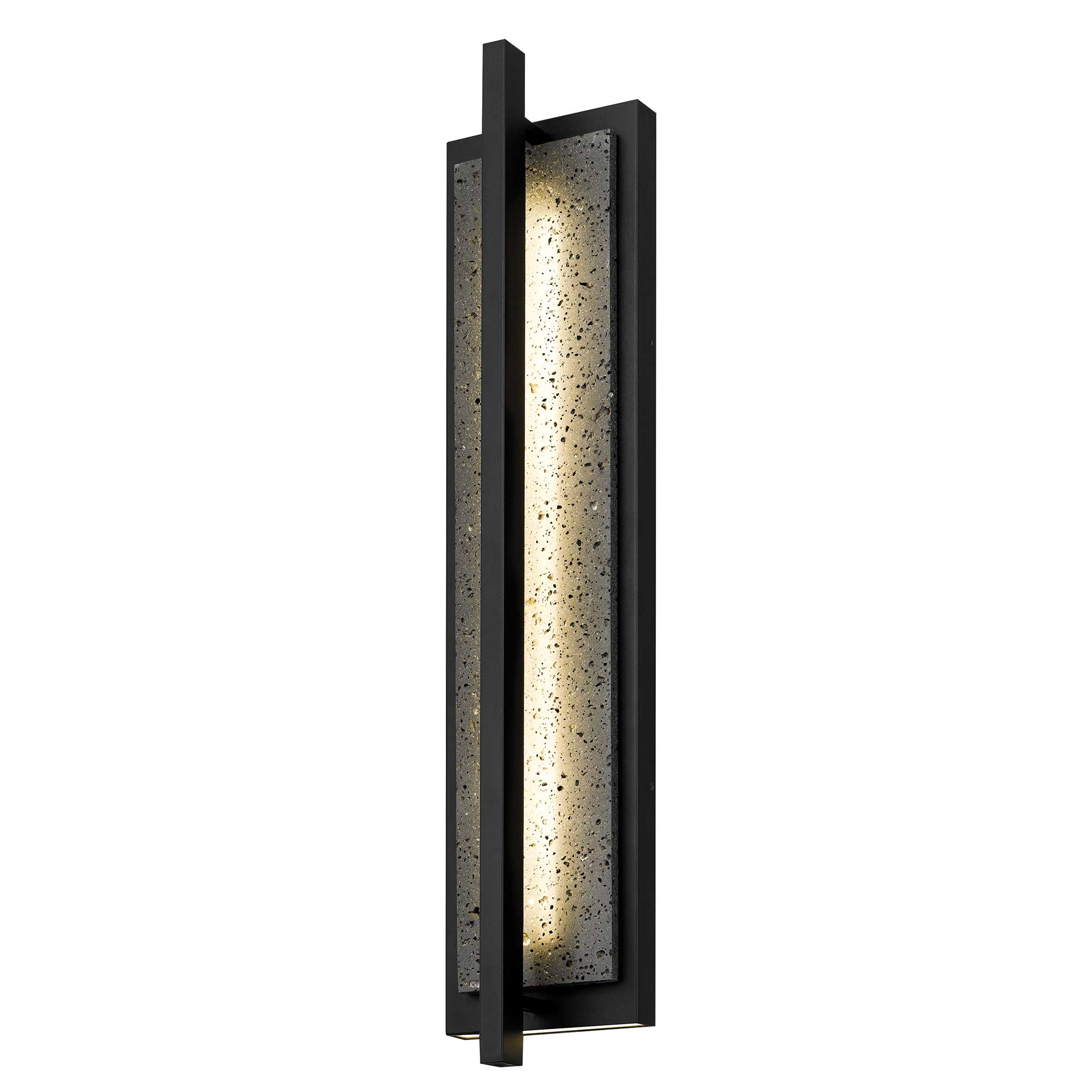 Black LED outdoor rectangular light fixture with glowing speckled glass panel and frame