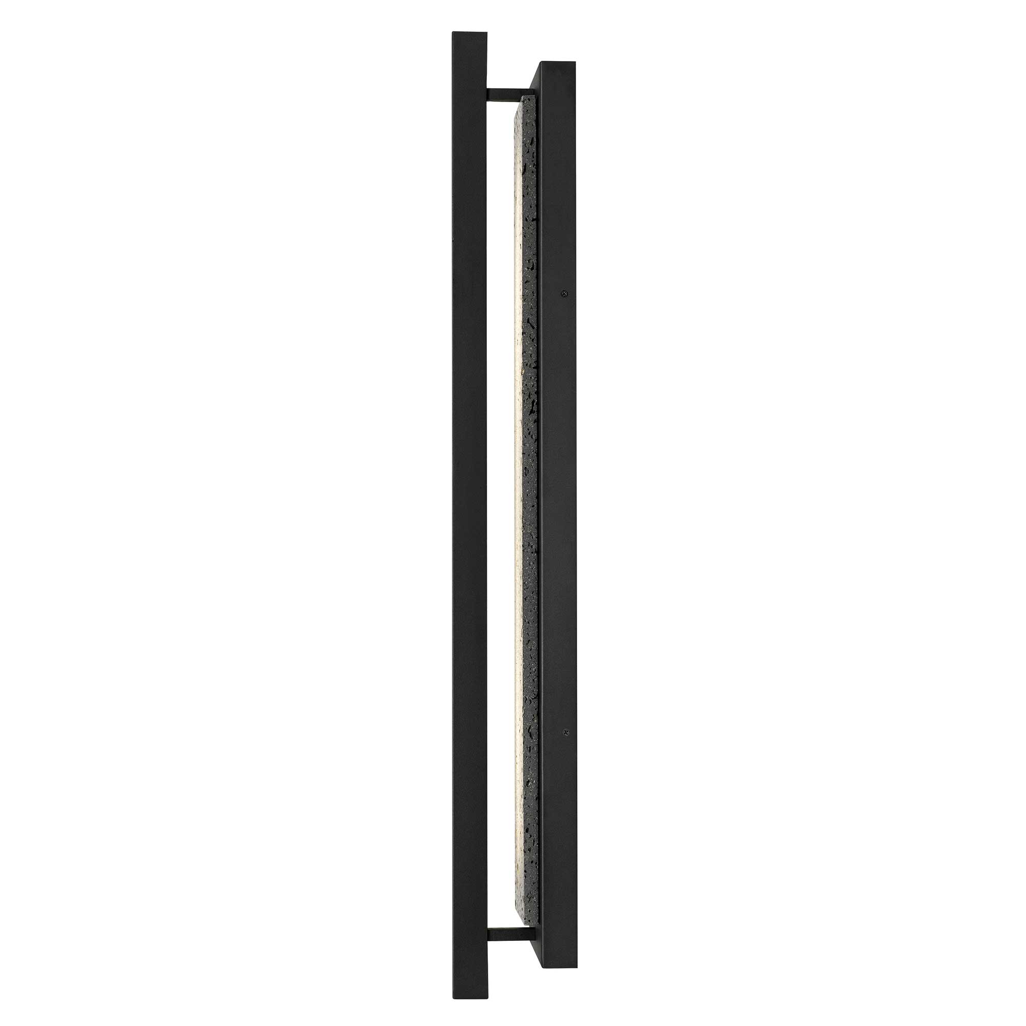 Black LED outdoor rectangular light fixture with long frame and speckled glass interior