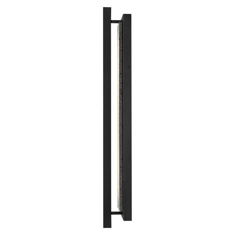 Black LED outdoor rectangular light fixture with long frame and speckled glass interior