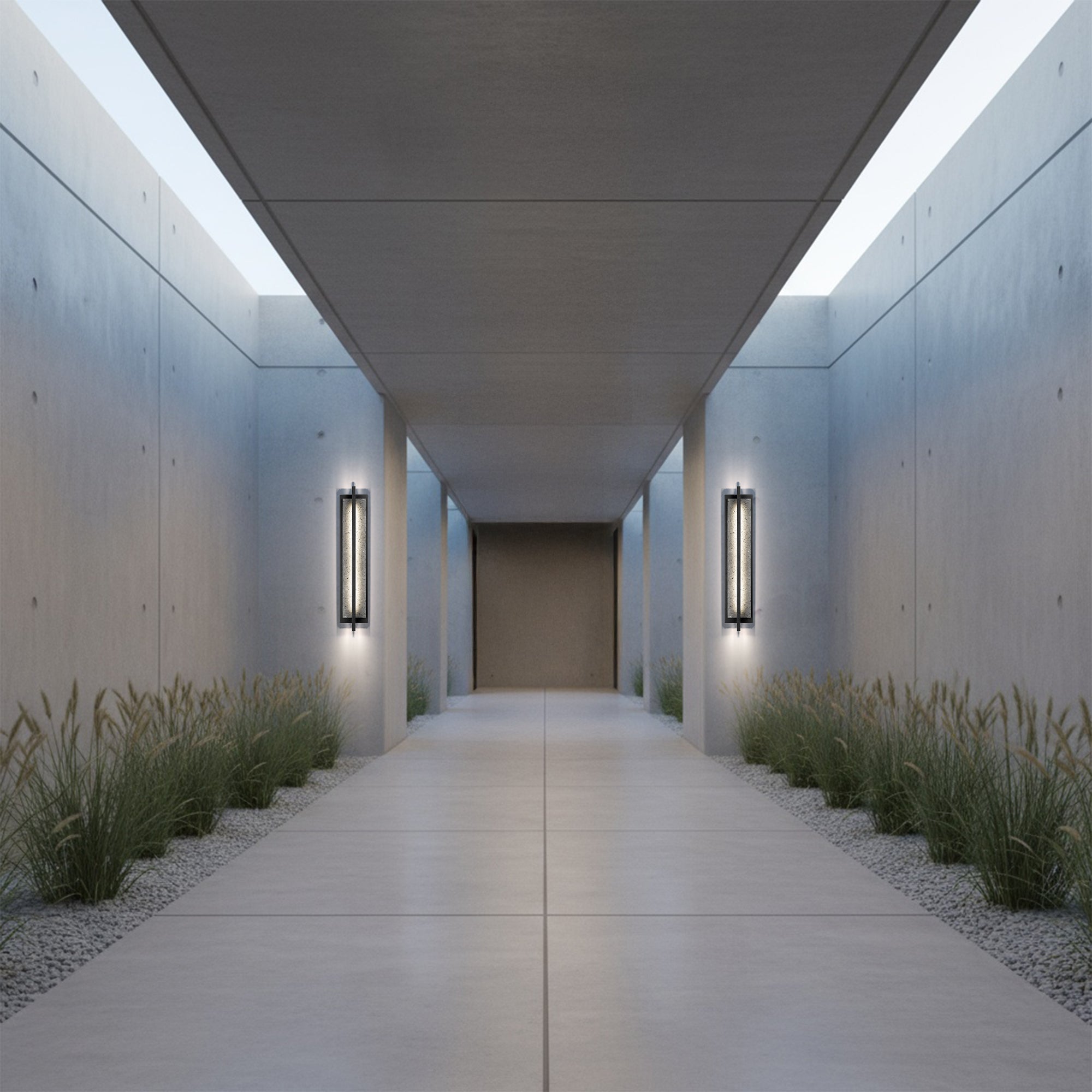 Two black LED outdoor wall lights flanking a walkway, speckled glass panels