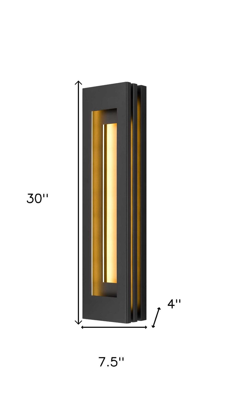 Black wall sconce size: 30 in H, 7.5 in W, 4 in D