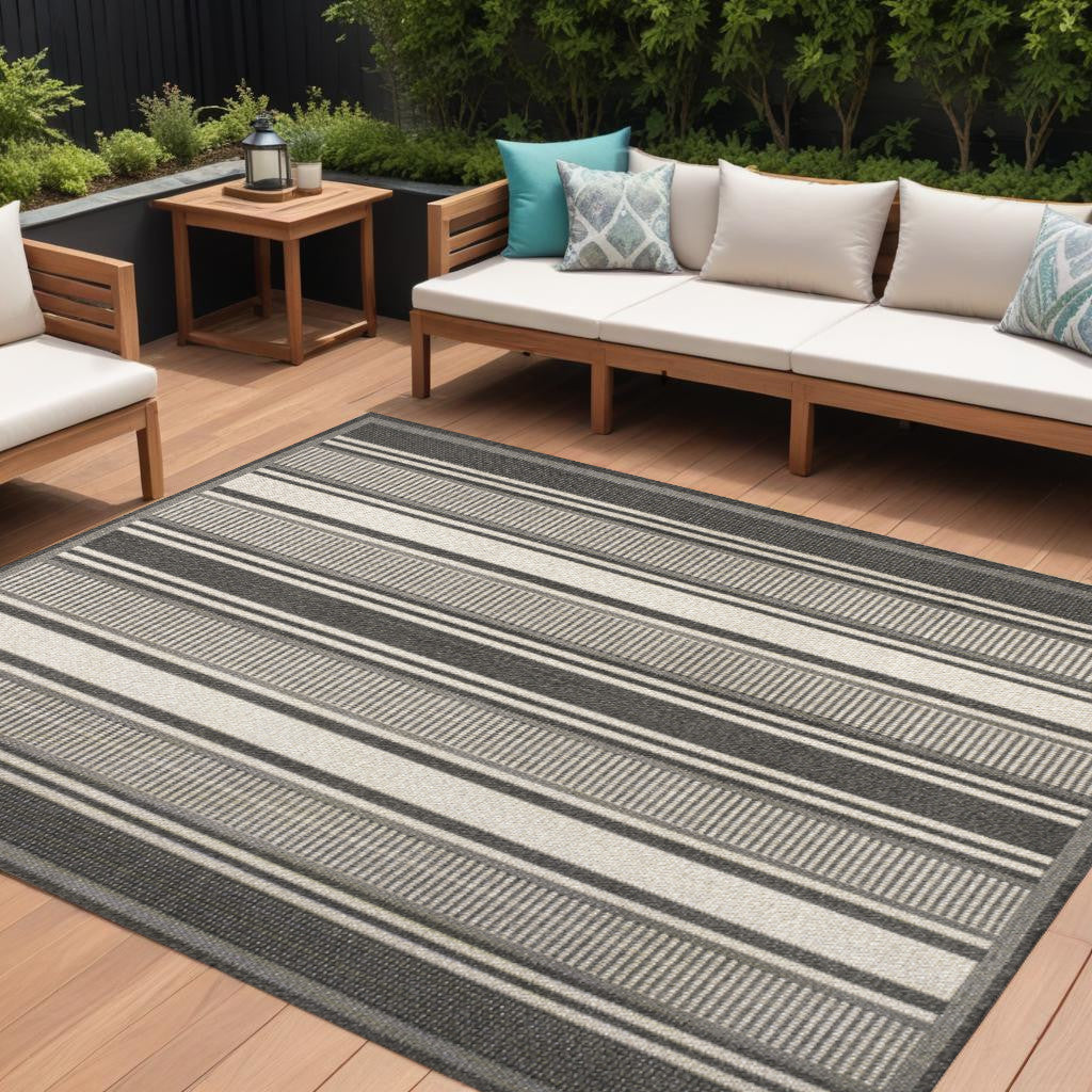 8' X 10' Black And Cream Striped Indoor Outdoor Area Rug - Sports & Outdoor