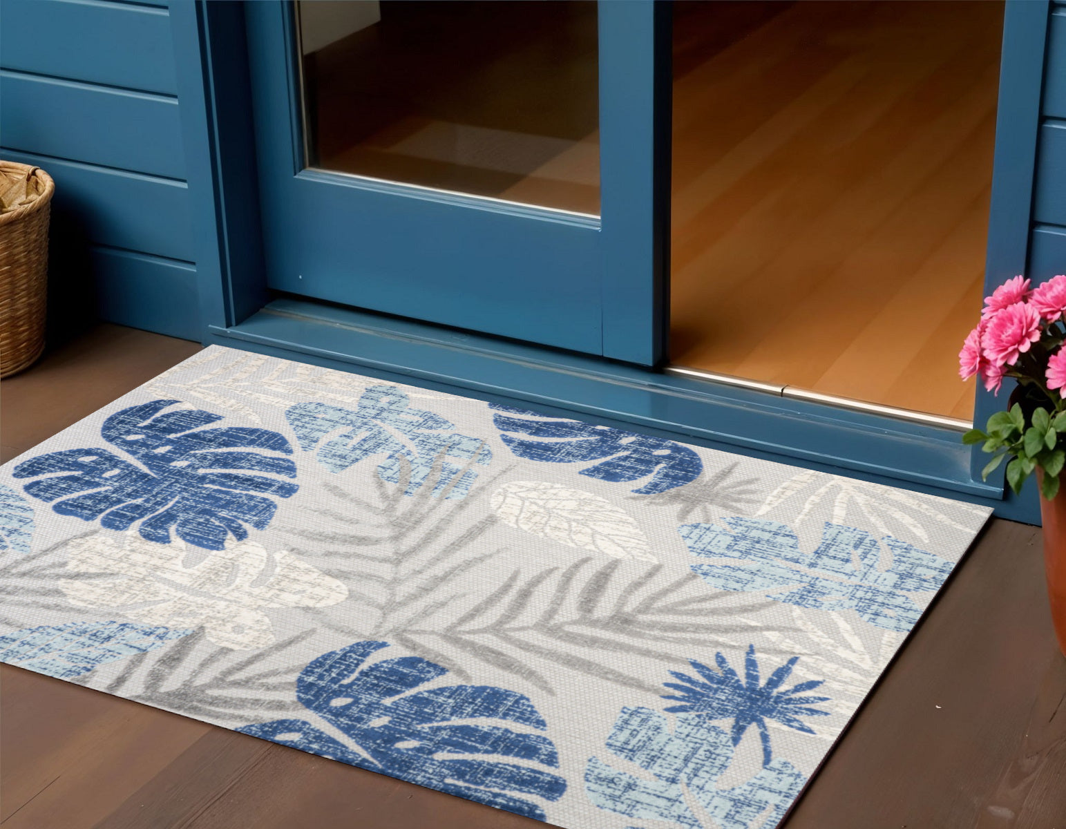 3' X 5' Light Gray And Navy Blue Floral Indoor Outdoor Area Rug - Sports & Outdoor
