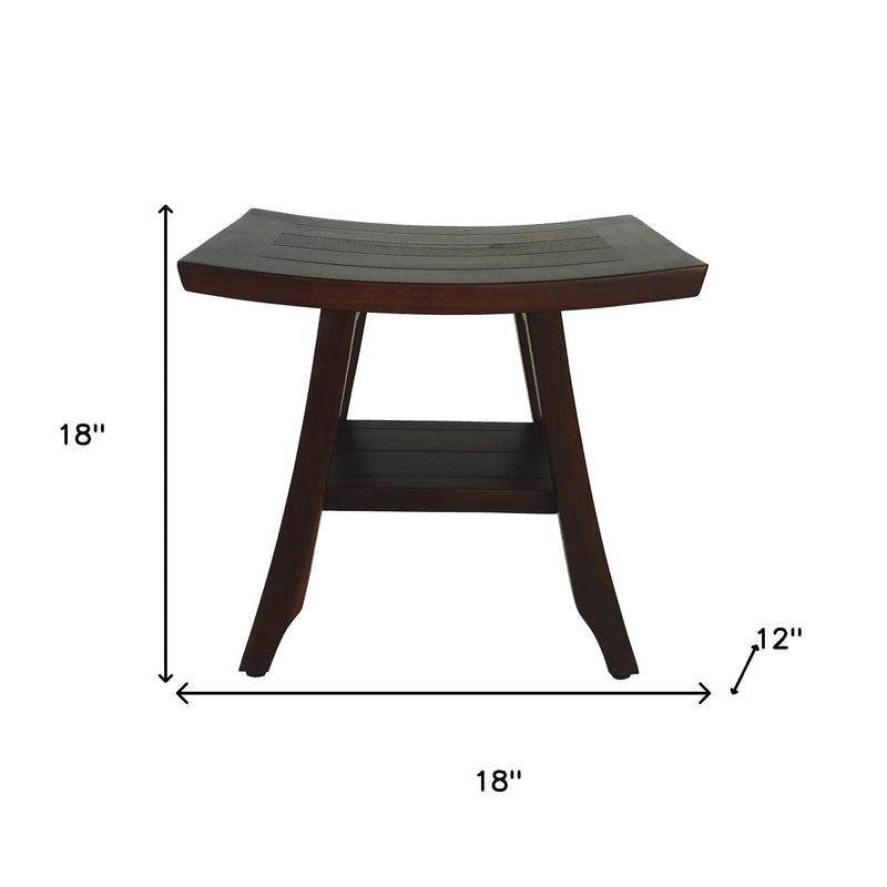 Curved outdoor bench with slatted top and lower shelf, shown with measurements