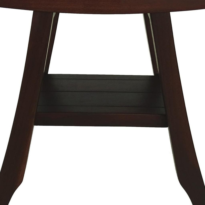 Brown outdoor bench with curved slatted top and built-in lower shelf