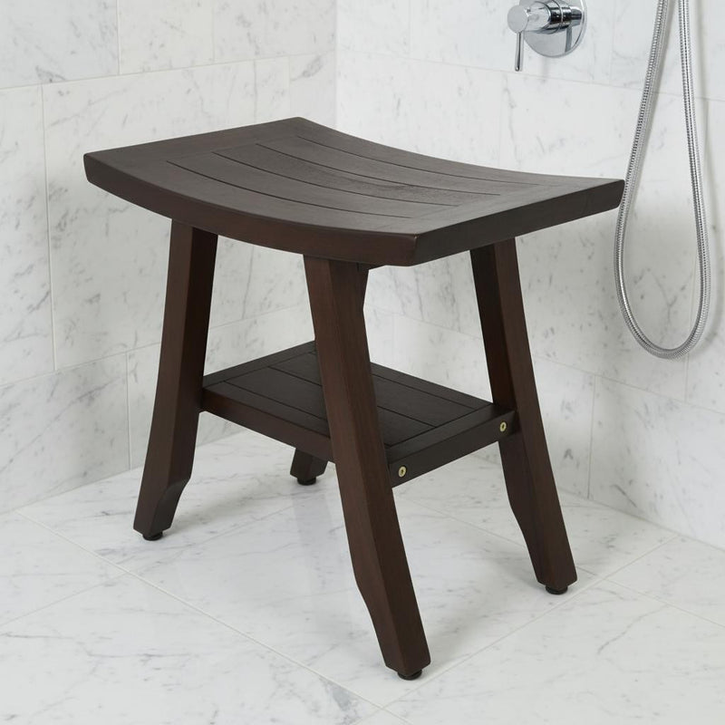 Brown teak shower bench with slatted top and lower shelf