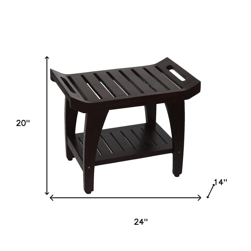 Contemporary Teak Shower Bench With Shelf And Handles In Brown Finish - Bed & Bath
