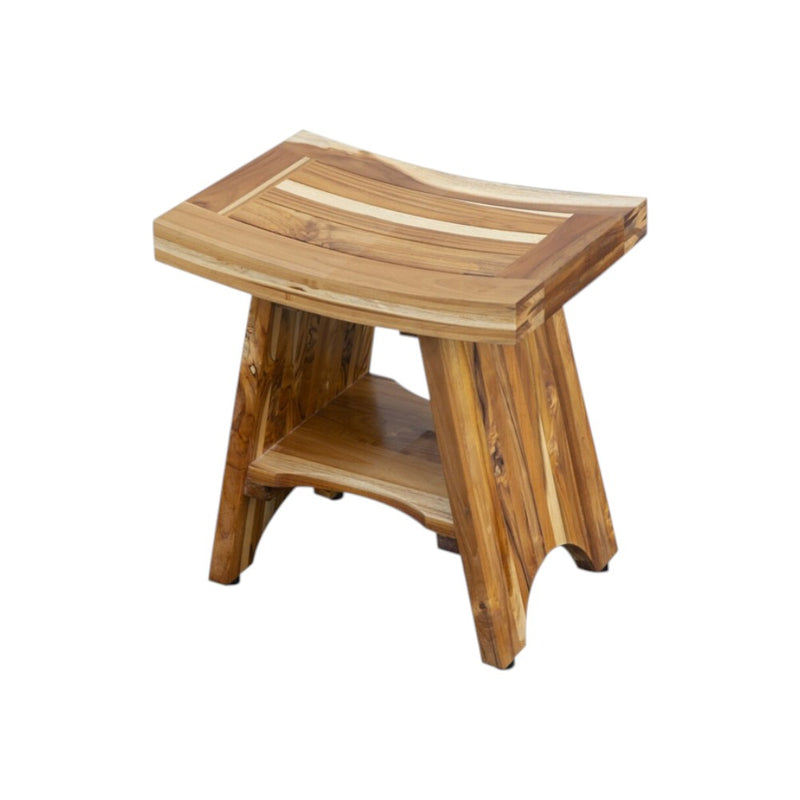 Natural teak outdoor shower bench with curved slatted top and side storage shelf