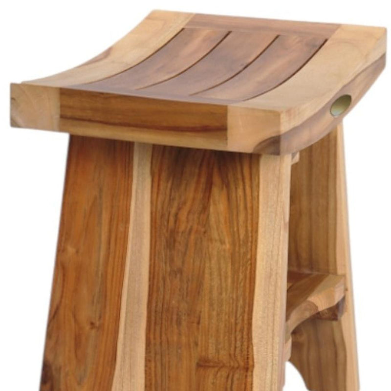 Teak outdoor shower bench corner detail with slatted top and recessed storage shelf
