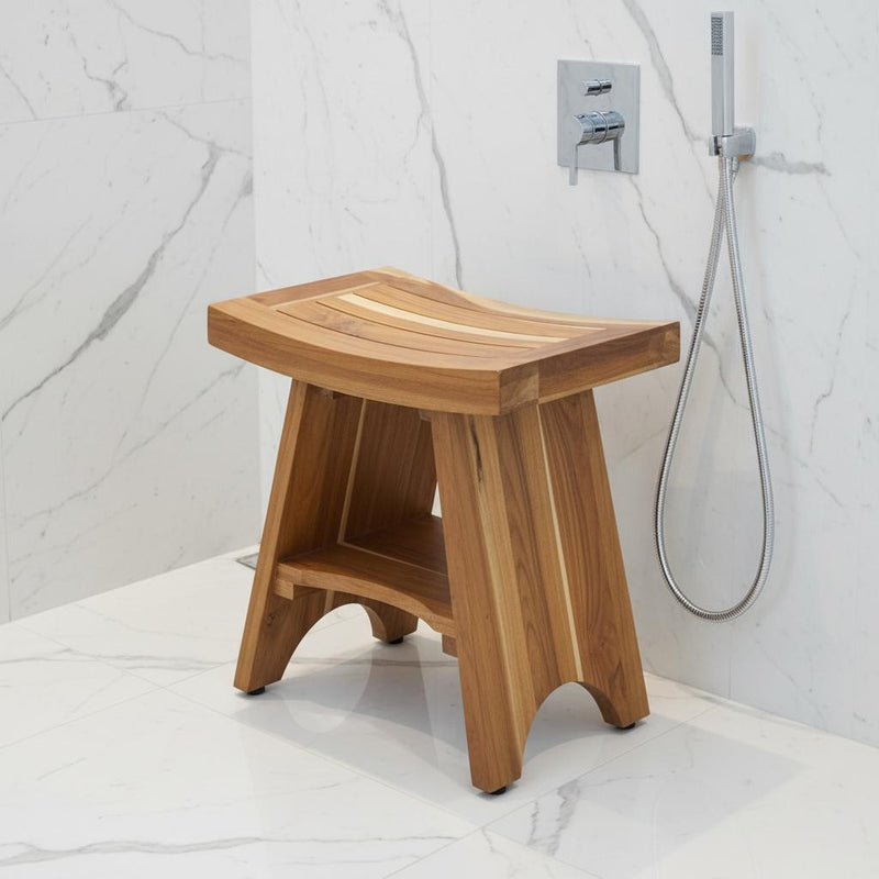 Natural teak outdoor shower bench with curved slatted top and open storage shelf